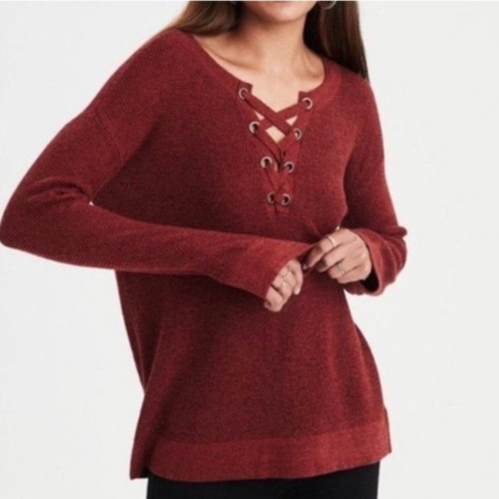 American Eagle size small crimson rust color cross tie knit sweater